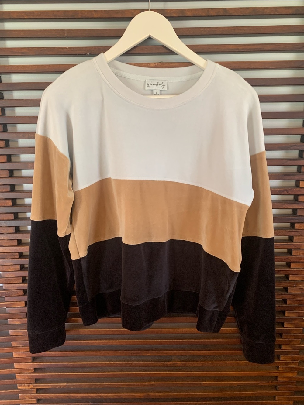 🎉NEW LISTING!🎉Wonderly Colorblock Crewneck Velour Top in Cream, Tan & Black